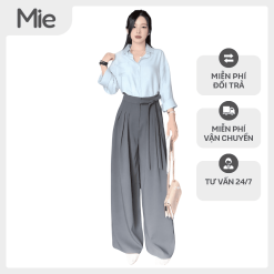 Quần ống rộng lưng cao khoá gài buộc nơ vải Gold Nhật -MIE01